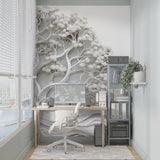 Sculptural tree mural creating gallery feel in upscale hotel lobby