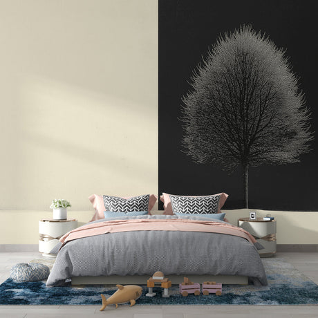 Minimalist tree wallpaper creating depth in modern living room, black branches on split beige backdrop