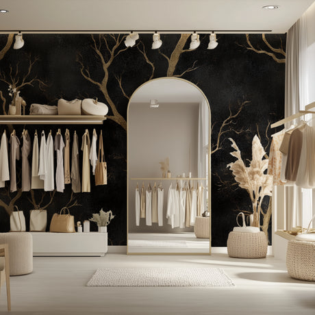 Black and gold tree wallpaper creating drama in a modern living room with high ceilings