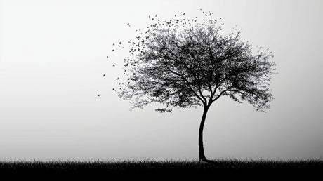 Black and white tree silhouette wallpaper design file showing detailed bird patterns and branches