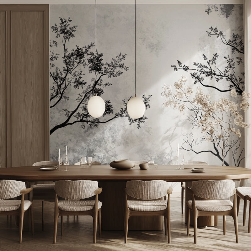 Black branch wallpaper making a statement in a contemporary dining room
