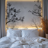 Tree branch mural creating an elegant backdrop in a home office setup