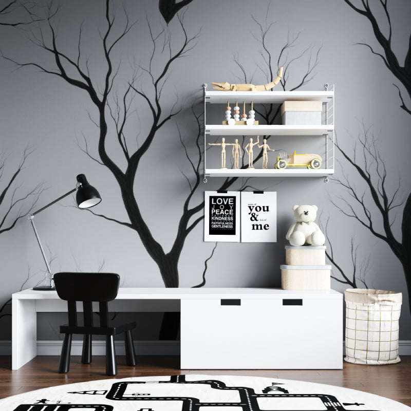 Minimalist tree mural in contemporary bedroom creating peaceful atmosphere
