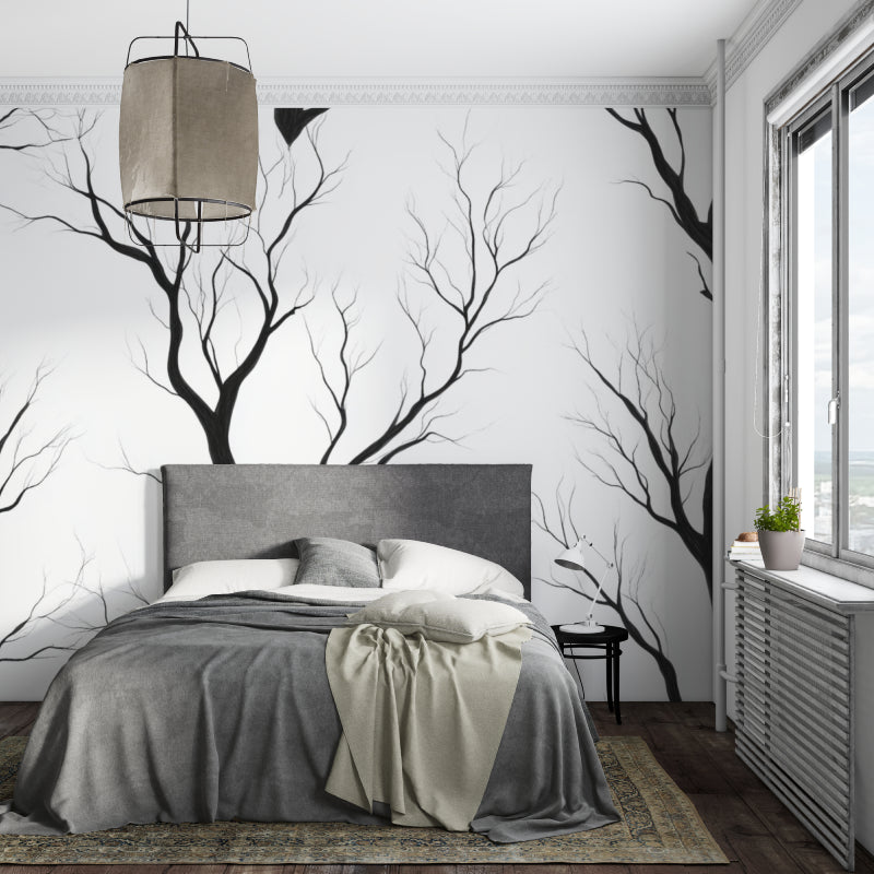 Tree branch wall mural in home office showing scale and contrast