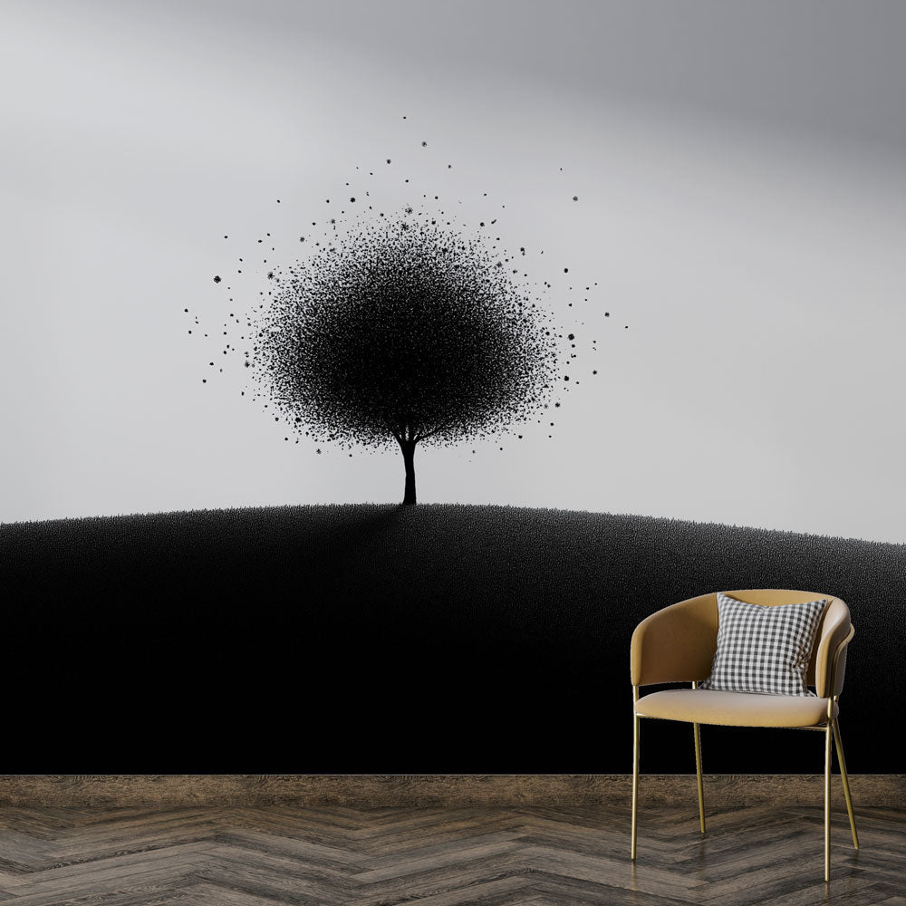 Modern black and white tree wallpaper mural in a bright Scandinavian living room setting, creating a peaceful atmosphere
