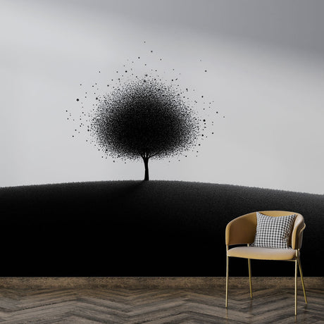 Modern black and white tree wallpaper mural in a bright Scandinavian living room setting, creating a peaceful atmosphere