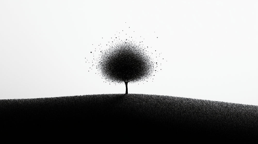 Black and white minimalist tree design file showing detailed particle effect pattern
