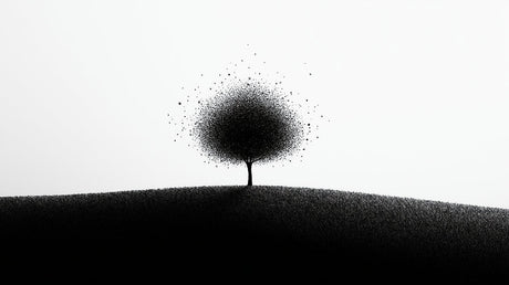Black and white minimalist tree design file showing detailed particle effect pattern
