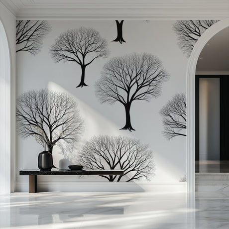 Black and white tree wallpaper in modern living room creating peaceful atmosphere