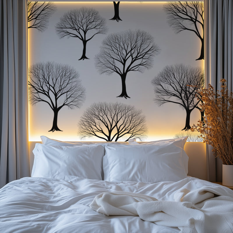 Minimalist tree mural in bedroom showing dramatic contrast