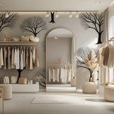 Black and white forest wallpaper in dining room with natural lighting