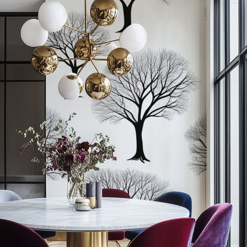 Modern tree wall mural creating depth in home office space