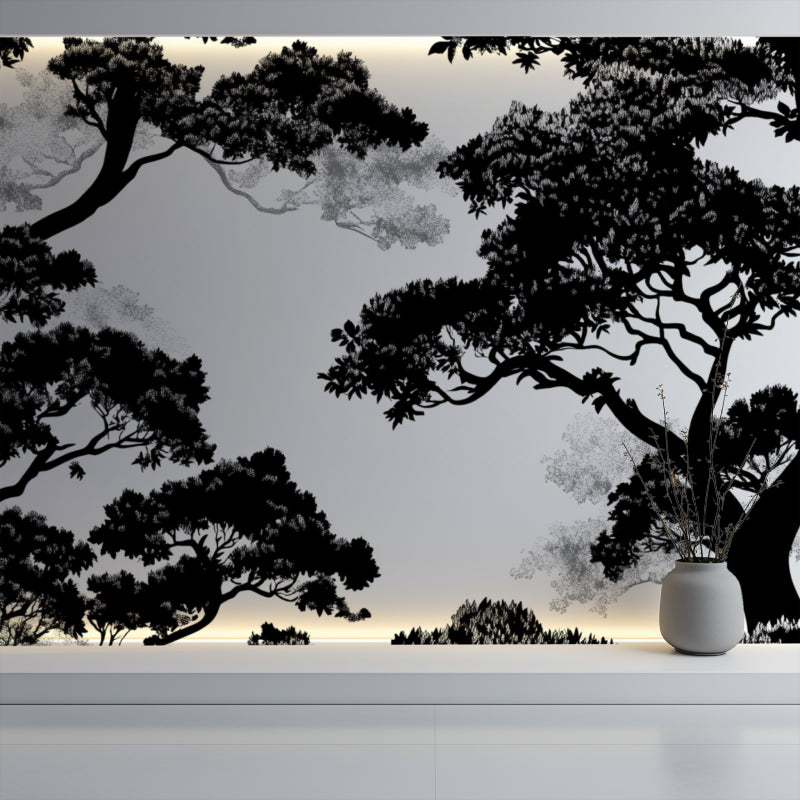 Minimalist tree mural in stylish bedroom with natural light