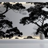 Minimalist tree mural in stylish bedroom with natural light