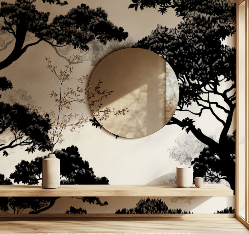 Black and white tree design adding height to dining room walls
