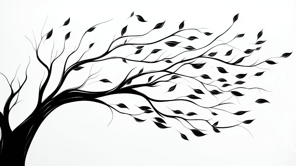 Black and white tree design file showing intricate branch pattern and wind-swept movement