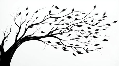 Black and white tree design file showing intricate branch pattern and wind-swept movement