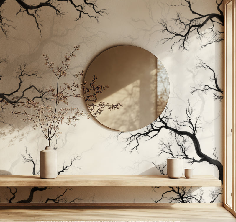 Hallway transformed with minimalist tree branch wallpaper creating visual interest