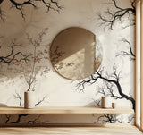 Hallway transformed with minimalist tree branch wallpaper creating visual interest