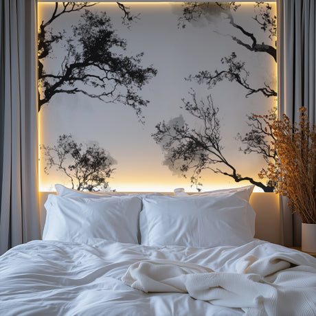 Black tree silhouette wallpaper in modern living room creates dramatic accent wall