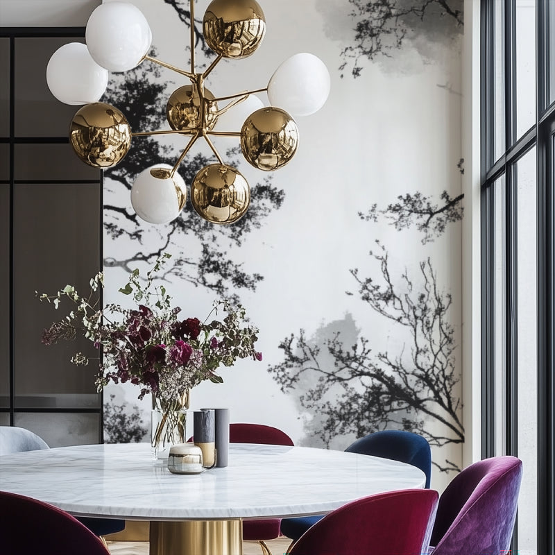 Home office featuring striking black and white tree mural wallpaper