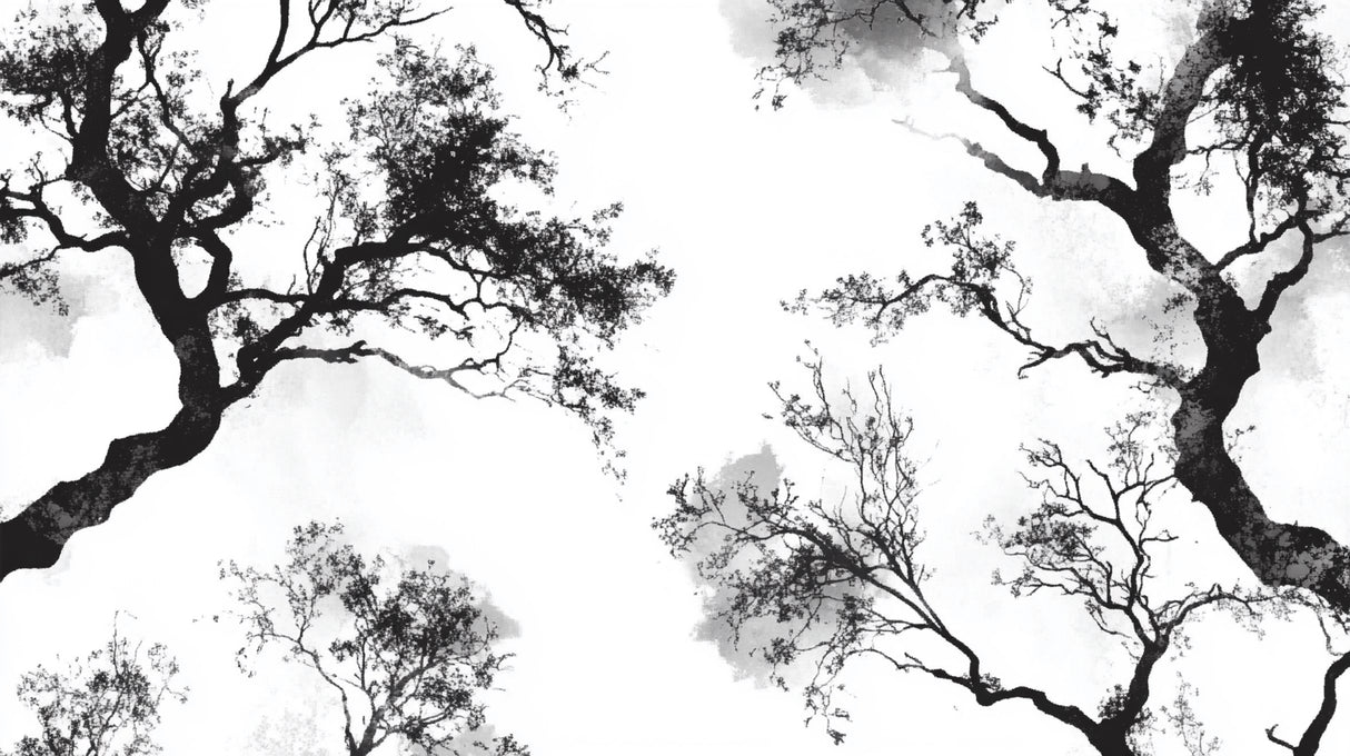 Black tree silhouette wallpaper design file showing intricate branch details on white background