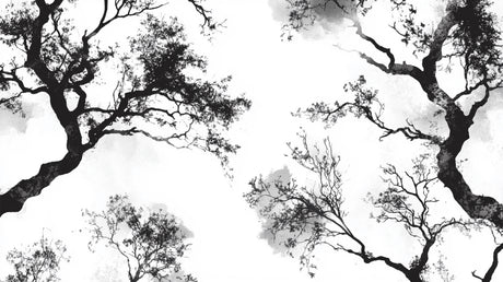 Black tree silhouette wallpaper design file showing intricate branch details on white background