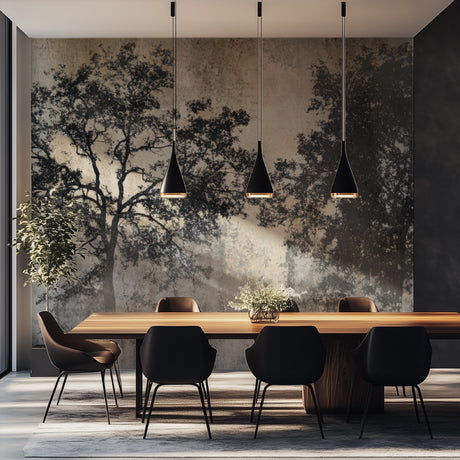 Modern tree silhouette wallpaper in a minimalist living room, creating depth with concrete effect background