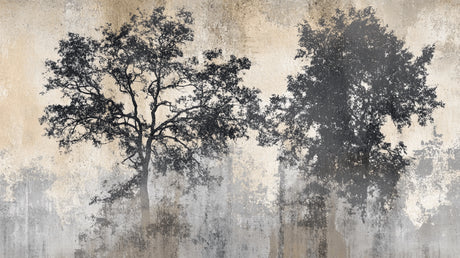 Design file showing detailed black tree silhouettes against textured concrete effect background