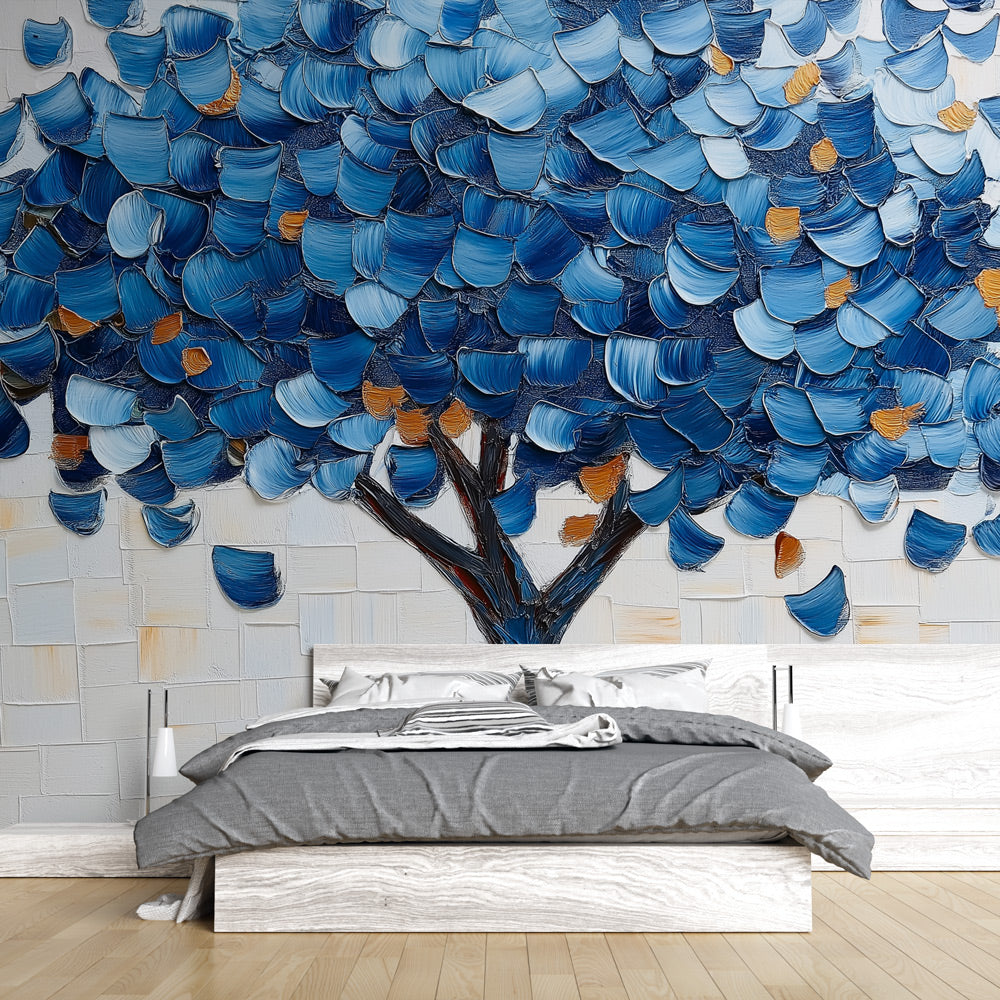 Blue and gold tree wallpaper mural creating a stunning focal point in a modern living room with natural light