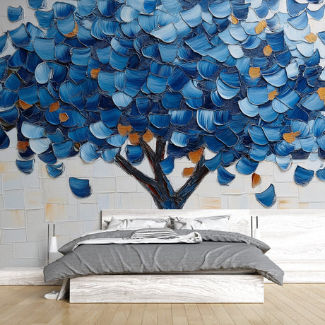 Blue and gold tree wallpaper mural creating a stunning focal point in a modern living room with natural light