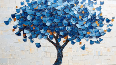 Tree wallpaper design file showing detailed blue textured brushstrokes and golden accents