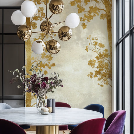 Gold Tree Mural Wallpaper showcased in a modern dining room with soft lighting