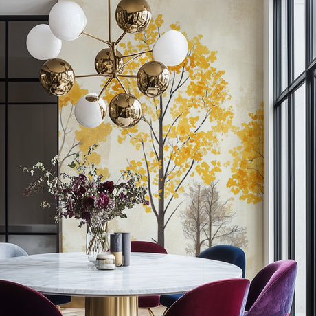Golden tree mural wallpaper in modern living room showing autumn leaves catching morning light