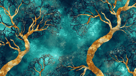 Golden branches on teal sky design file showing intricate pattern details