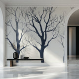 Elegant tree branch wallpaper design showcased in a contemporary dining room