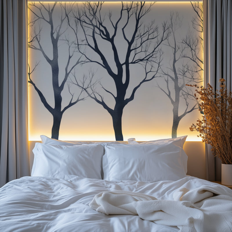 Black and white tree mural creating depth in a modern home office space