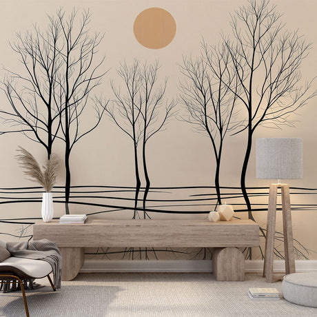 Minimalist tree wallpaper creating depth in a modern living room, black silhouettes against warm beige tones
