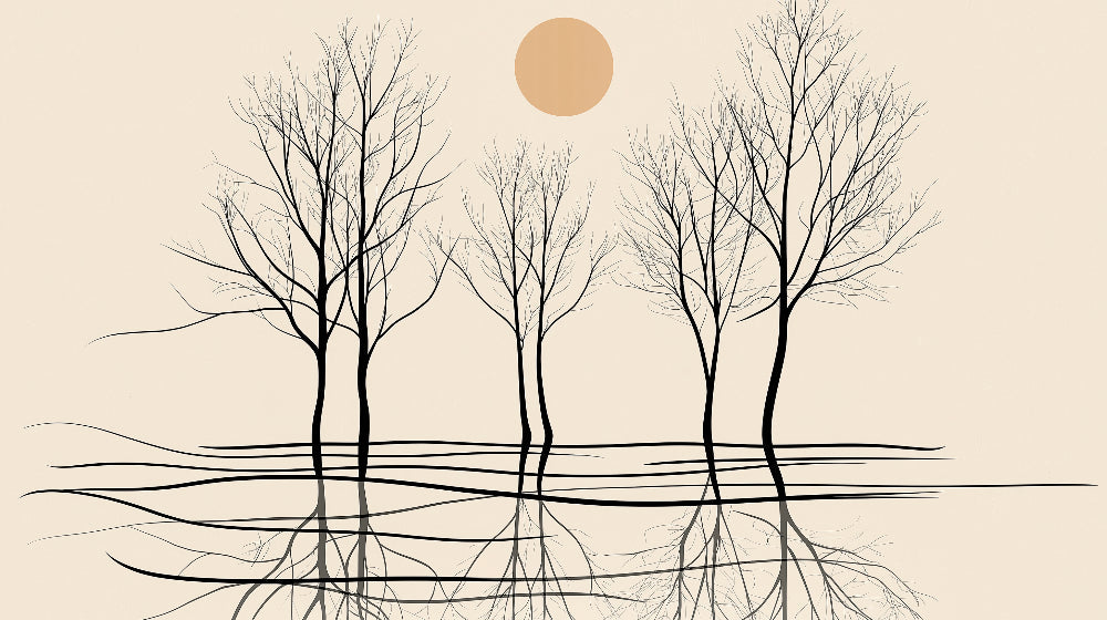 Black tree silhouettes with beige sun design file, showing clean lines and dramatic contrast
