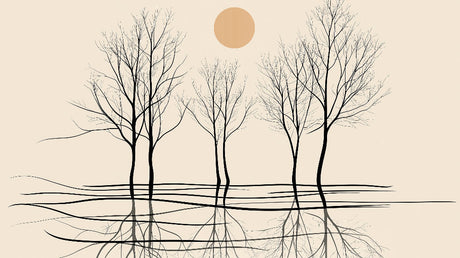 Black tree silhouettes with beige sun design file, showing clean lines and dramatic contrast