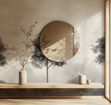 Minimalist grey tree wallpaper in modern living room with clean furniture and natural light