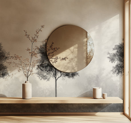 Minimalist grey tree wallpaper in modern living room with clean furniture and natural light