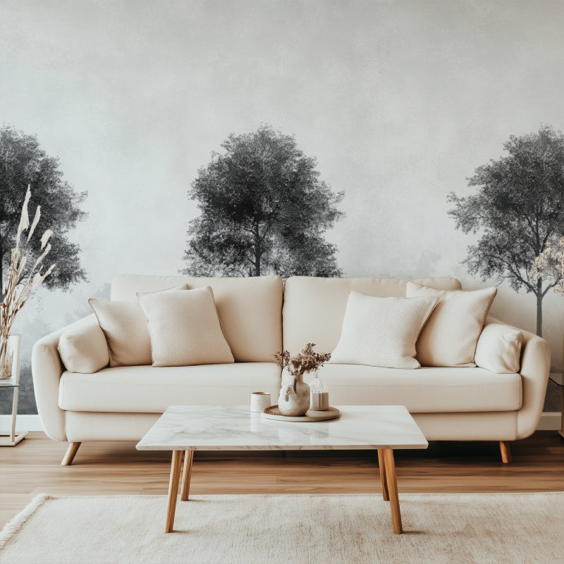 Black forest mural creating depth in minimal bedroom setting