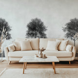Black forest mural creating depth in minimal bedroom setting