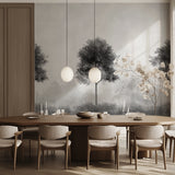 Minimalist forest wallpaper adding character to dining room