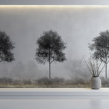 Black and grey tree mural in modern hallway setting