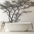 Black and white tree silhouette wallpaper design file showing intricate branch details against misty background