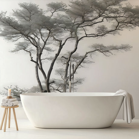 Black and white tree silhouette wallpaper design file showing intricate branch details against misty background