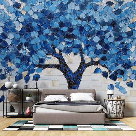 Blue mosaic tree wallpaper creating a peaceful atmosphere in a modern living room with natural light