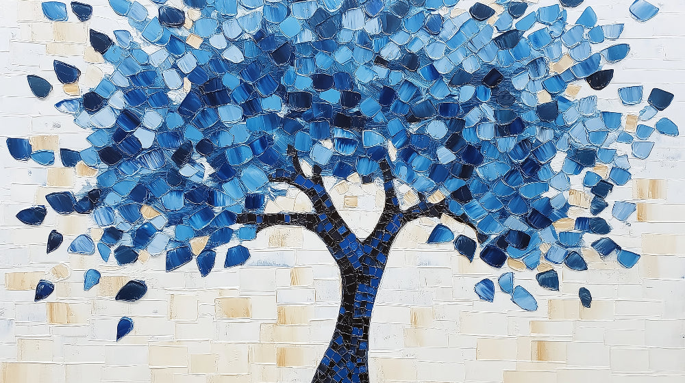 Mosaic blue tree design file showing detailed geometric leaf patterns and artistic composition